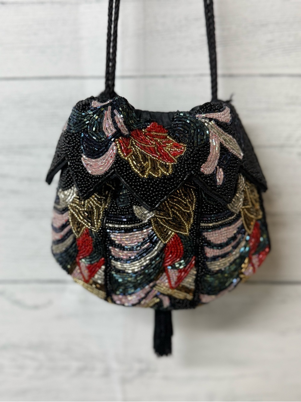 Embellished Floral Beaded Drawstring Bag by Lee Sands